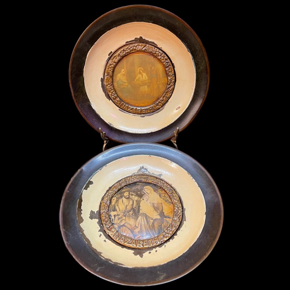 Antique Copper & Enamel Plates Wall Decor Jesus Modonna Nazareth 7.5” Set of 2